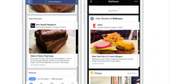 Facebook ajoute les critiques de restaurants sur les pages et la recherche